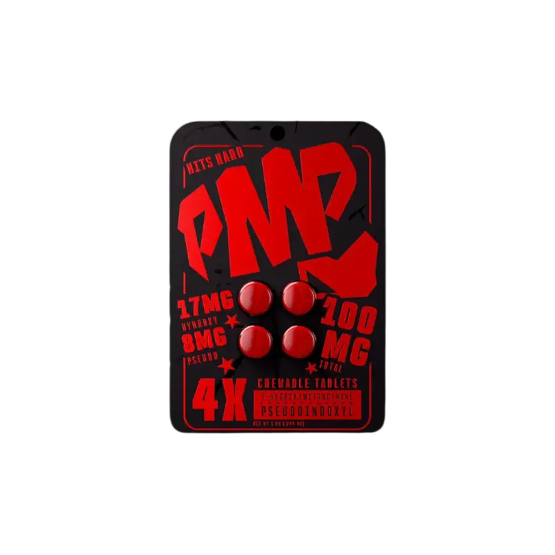 Red and black skateboard bearing sticker with ’PMP’ text and circular dots.