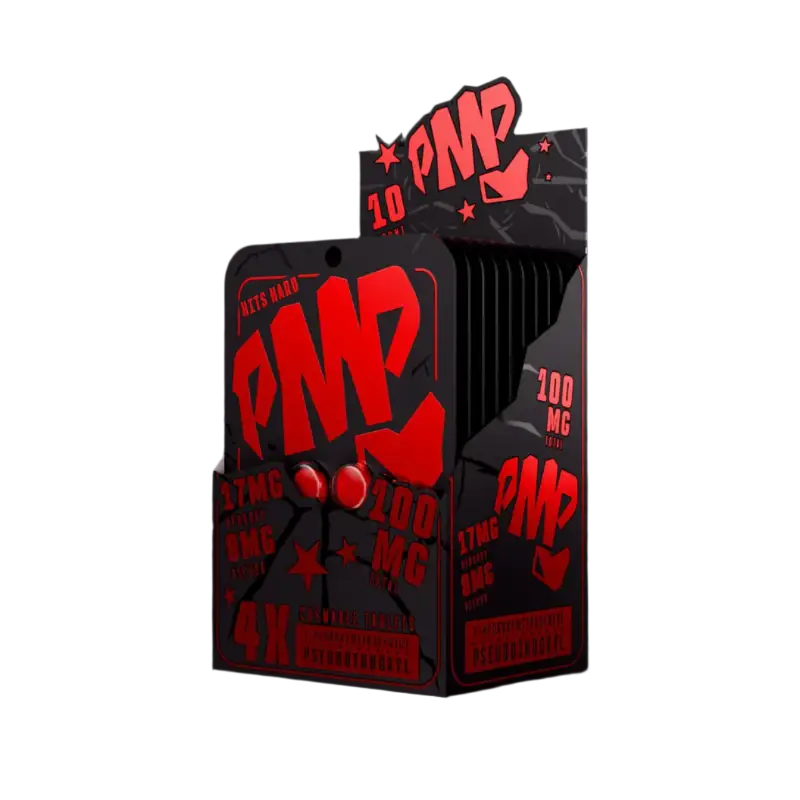 Black and red PMP pre-workout supplement box with product packets inside.