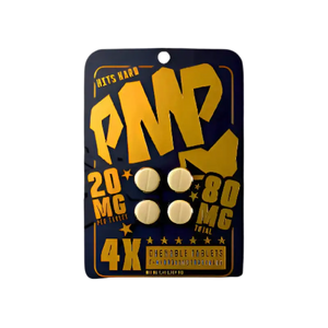 Black and gold blister pack containing four round tablets labeled ’PMP’