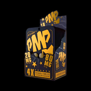 Black and gold product box labeled ’PMP’ with star decorations and ’20 MG’ text.