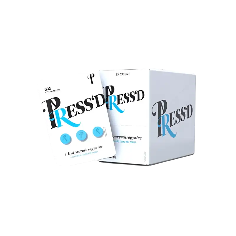 White product packaging with ’PRESSD’ text in black and blue typography.