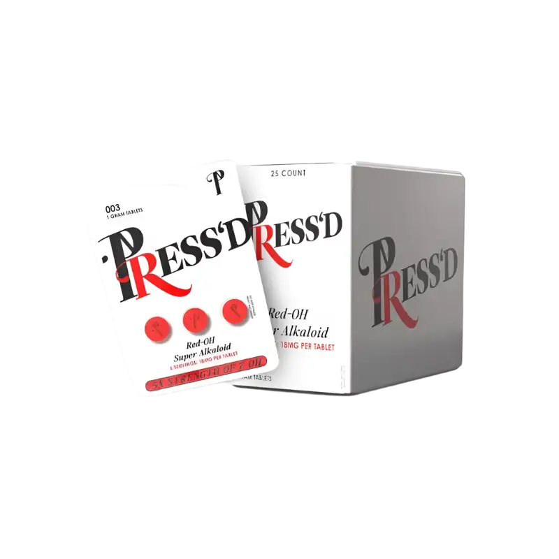 Product packaging for ’PRESSD’ with red and black text on a white and gray design.