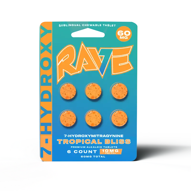 A pack of six 7-hydroxymitragynine tropical bliss sublingual chewable tablets.