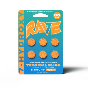 A pack of six 7-hydroxymitragynine tropical bliss sublingual chewable tablets.