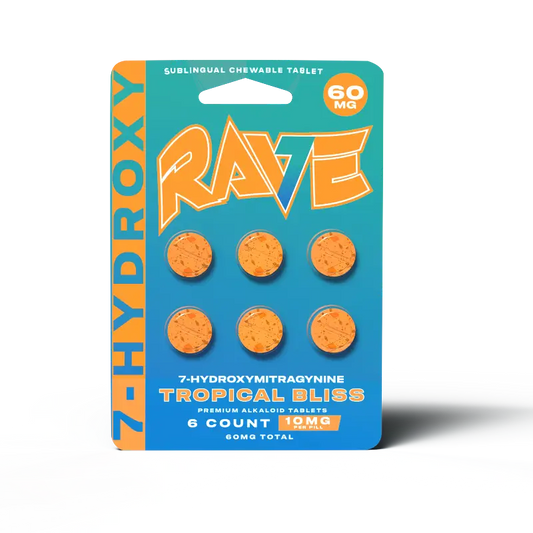 A pack of six 7-hydroxymitragynine tropical bliss sublingual chewable tablets.