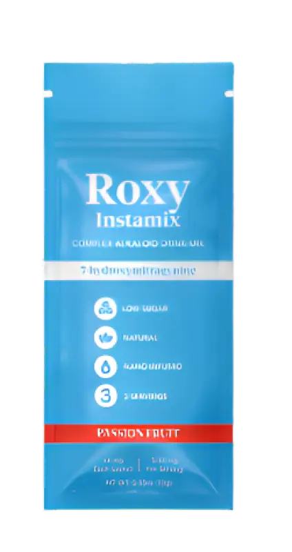 Blue Roxy Instamix passionfruit drink mix packet.