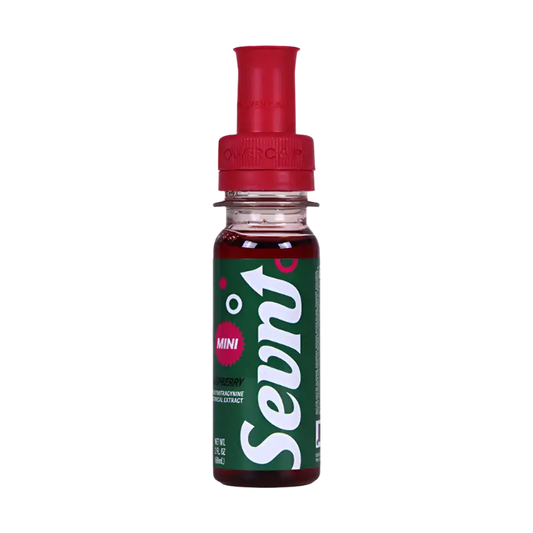 Mini Sevn’s bottle with red liquid.