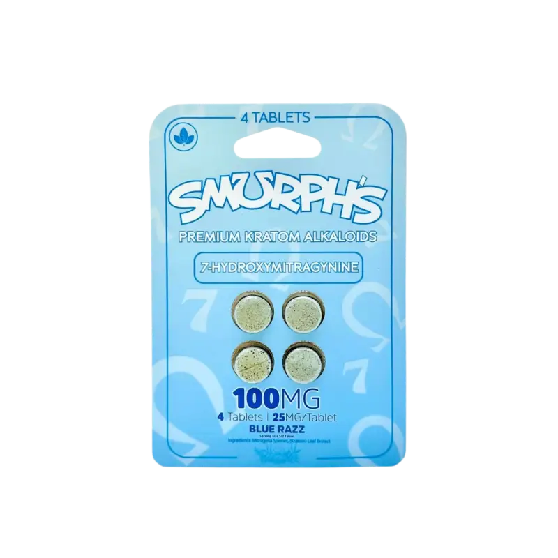 A blue package of ’Smorphs’ cannabis tablets containing 4 pills at 100mg strength.