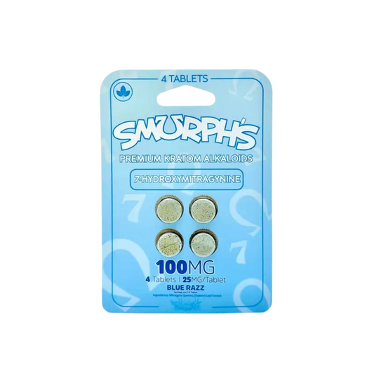 A blue package of ’Smorphs’ cannabis tablets containing 4 pills at 100mg strength.