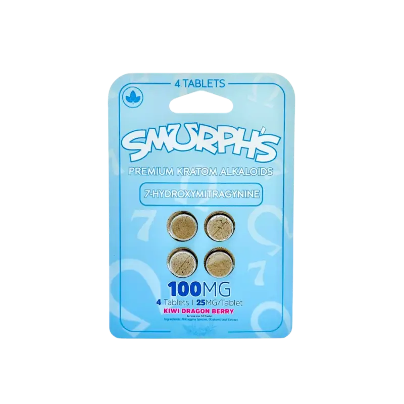 A blue blister pack of ’Smurph’s’ tablets containing 4 pills labeled as 100mg.