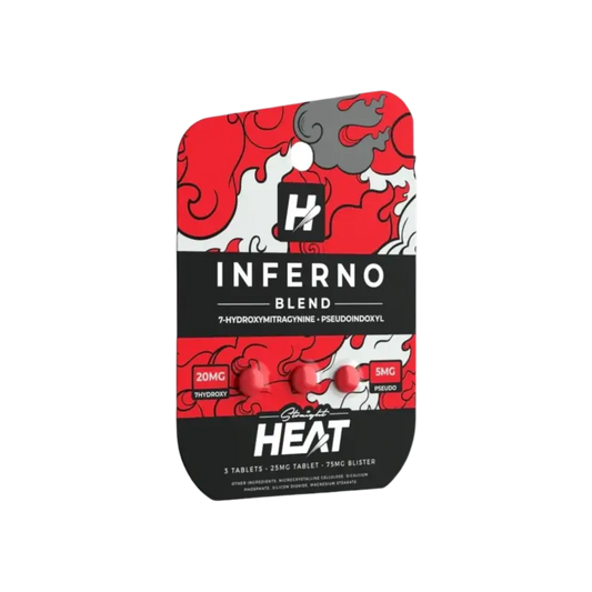 Red and black package of HEAT Inferno Blend pre-workout supplement.