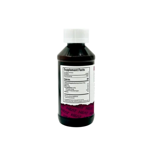 Dark bottle with a supplement facts label and pink/purple design element.