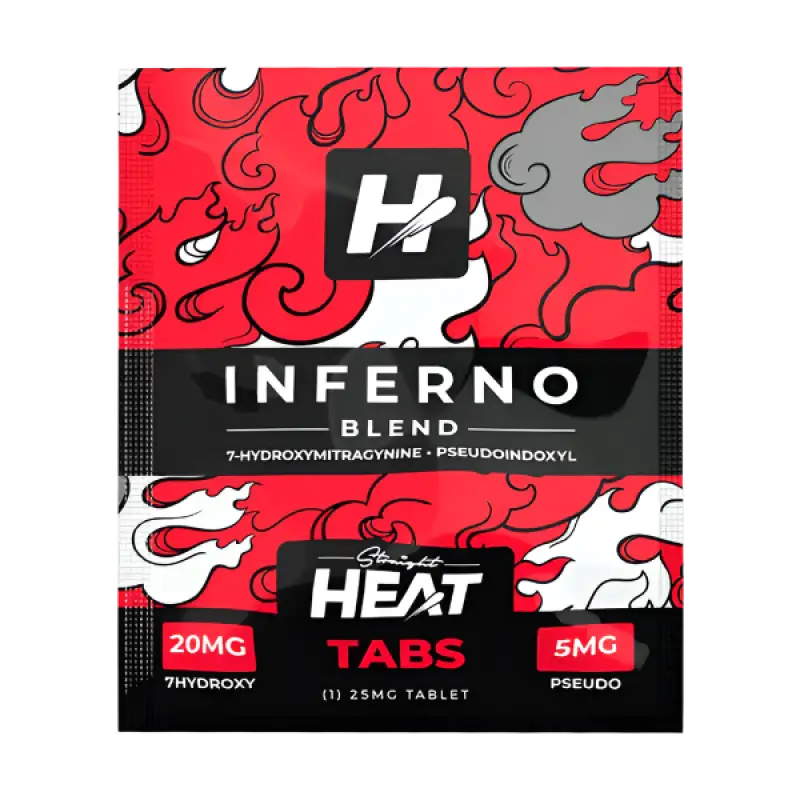 Red and black product package for ’Inferno Blend’ Heat Tabs with decorative smoke/flame designs.