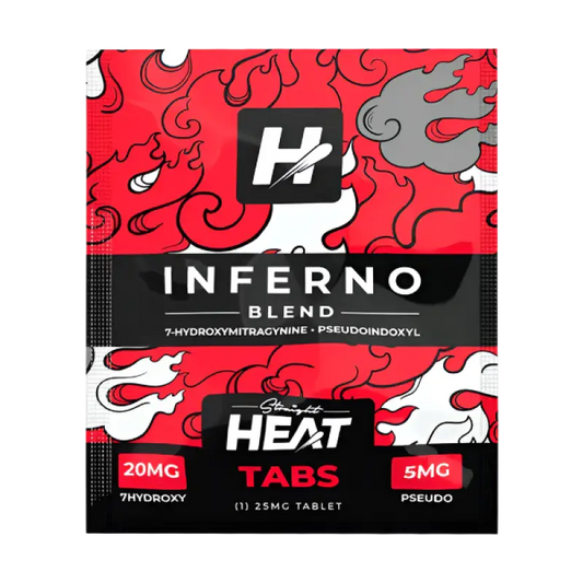 Red and black product package for ’Inferno Blend’ Heat Tabs with decorative smoke/flame designs.