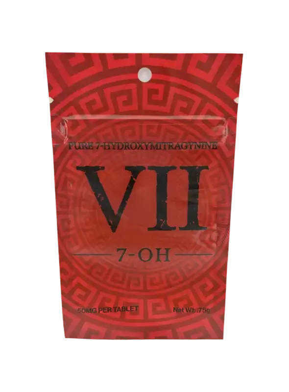 Red packet of 7-hydroxymitragynine tablets.