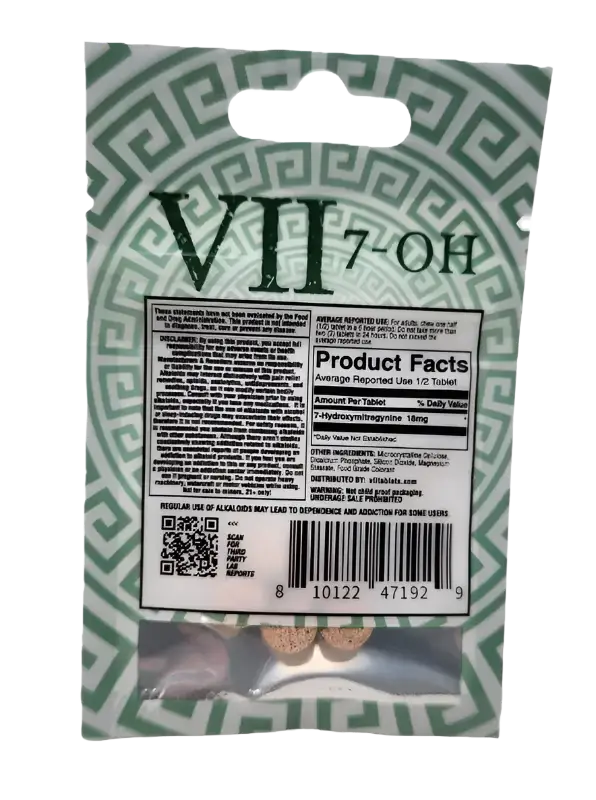 Packaged product labeled ’VII’ with a green geometric pattern background.