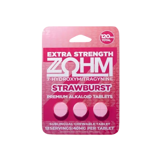 Pink Zohm strawburst chewable tablets.