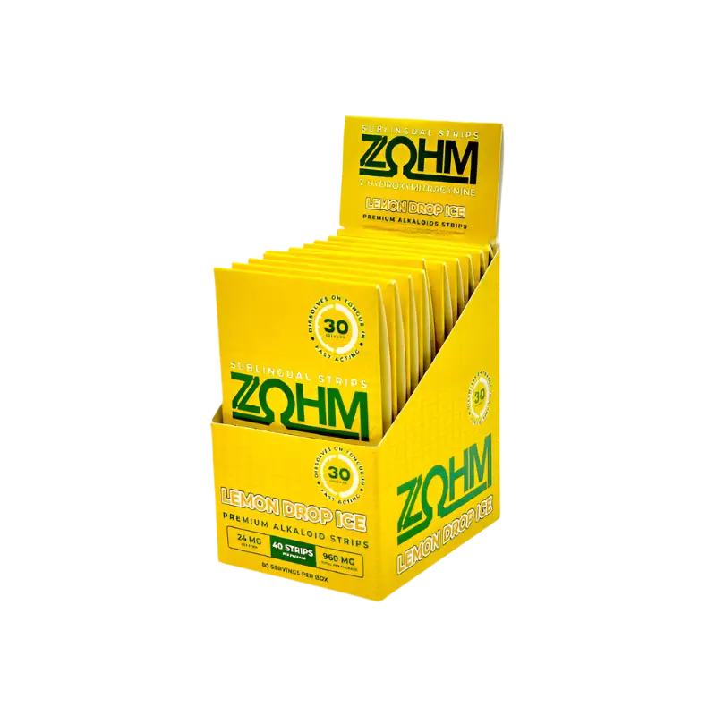 Yellow ZOHM lemon drop ice strips display.