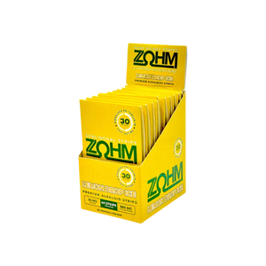 Yellow ZOHM lemon drop ice strips display.